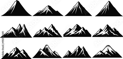 Black mountain silhouette set isolated on white background, alpine peaks collection, nature landscape icons, adventure logo elements, minimalist design resource pack