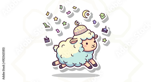 Cute cartoon sheep wearing a kufi with festive stars and moons, celebrating Eid al-Adha.