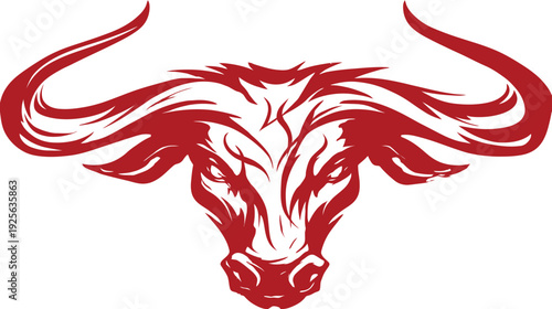 Powerful Red Bull Head Illustration with Majestic Horns. Strong Bovine Animal Vector Graphic Design.