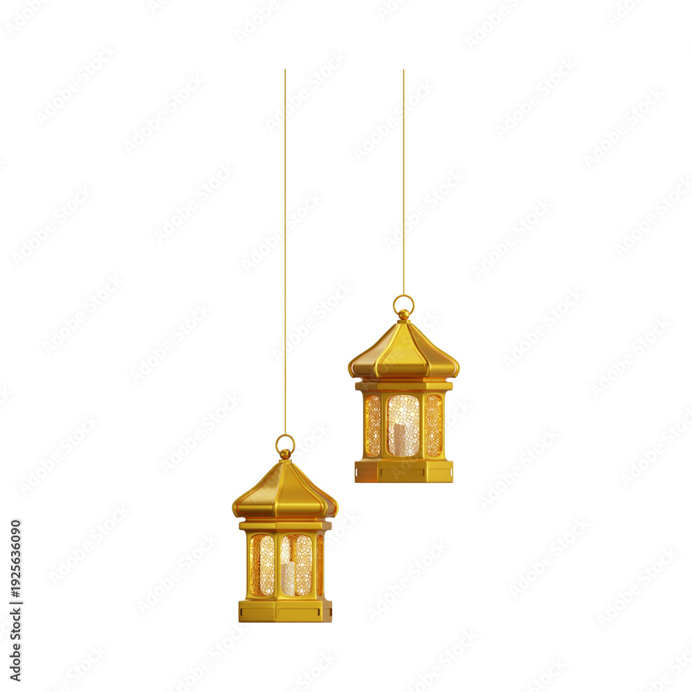 Obraz premium Golden Lanterns Hanging from Strings on White Background