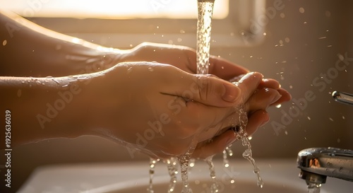Hands under running water in a bathroom sink with sunlight.