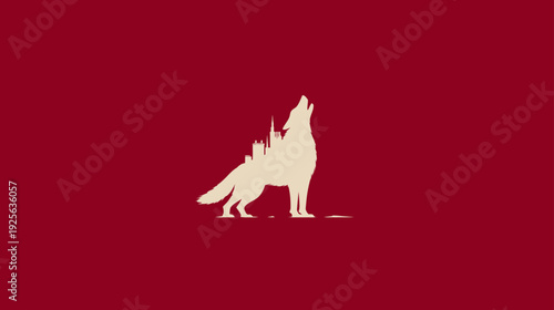 Minimalist graphic of a howling wolf silhouette with a castle city skyline integrated, set against a rich crimson background