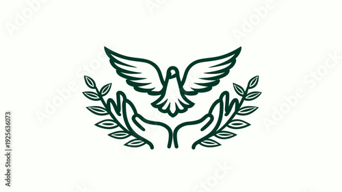 Symbol of Peace and Freedom: Minimalist illustration of a flying dove above caring hands with olive branches, representing hope and nature.