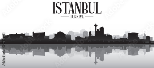 Black and white panoramic poster of the city skyline with misty background buildings and water reflection of ISTANBUL, TURKEY