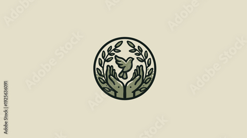 Symbol of peace with a dove in cupped hands and olive branches. Minimalist circular emblem representing hope, nature, and care.