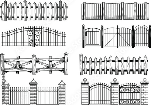 Vintage wooden and wrought iron fence collection set, black and white line art vector illustration bundle