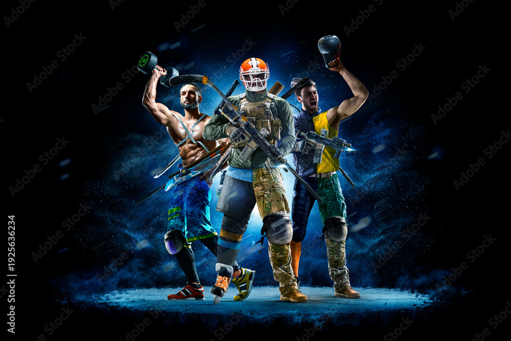 Fototapeta premium Multi-sport collage depicting various sports and hobbies. Athletes on a beautiful black background with a flash of light behind them. Isolated on a black background. A joyful collage of several sports