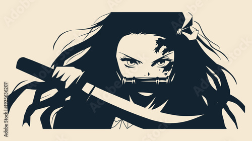 Dynamic silhouette of a fierce female warrior holding a traditional Japanese-style sword, with long flowing hair and intense gaze in a stylized character illustration.
