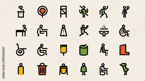 Diverse public facility, accessibility, and daily activity line icons. Universal pictogram set for wayfinding and services.