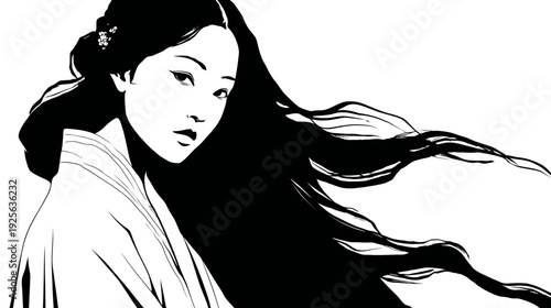 Elegant Asian woman with long flowing black hair, a stunning black and white line art illustration in a traditional aesthetic.