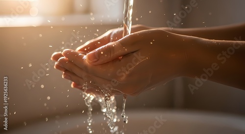 Person washing hands under running water in a bathroom.