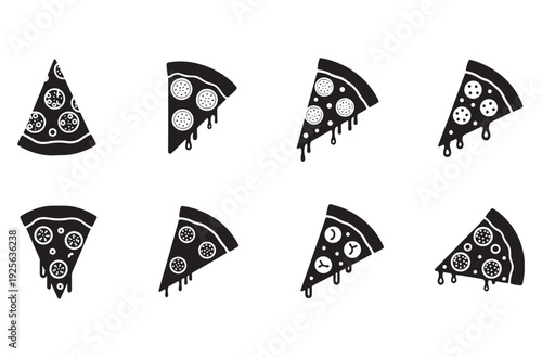 Assortment of black vector silhouette illustrations of pizza slices, hot cheesy pizza pieces with dripping toppings, fast food icons, and Italian cuisine on transparent background