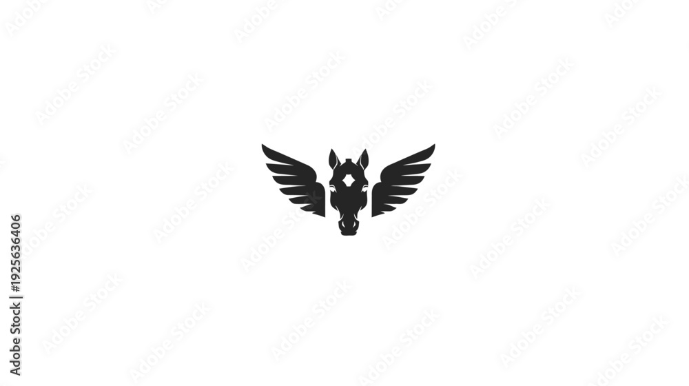 Fototapeta premium Stylized black winged horse head icon on white background, abstract mythical animal symbol for graphic design and branding