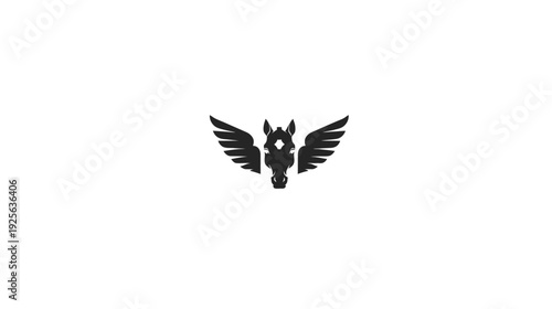 Stylized black winged horse head icon on white background, abstract mythical animal symbol for graphic design and branding