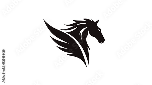 Sleek black stylized horse head with a powerful wing illustration. Dynamic equestrian logo concept symbolizing speed, freedom, and strength.