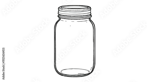 Empty clear glass jar with metal screw-top lid, detailed hand drawn line art illustration for storage, canning, preserving.