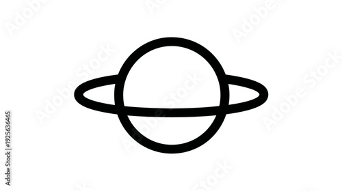 Minimalist black line art icon of a ringed planet, symbolizing space, astronomy, solar system, and universe concepts.