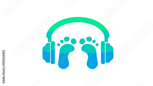 Abstract graphic with bare feet and headphones in blue-green gradient, symbolizing mindful listening, relaxation, wellness, and audio peace.