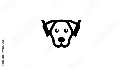 Black and white minimalist dog face wearing headphones icon. Cute pet animal head with audio accessory line art illustration.