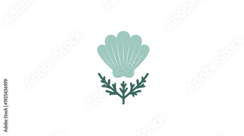 Minimalist scallop seashell and marine plant illustration. Serene ocean life graphic with green coral and shell on white background.