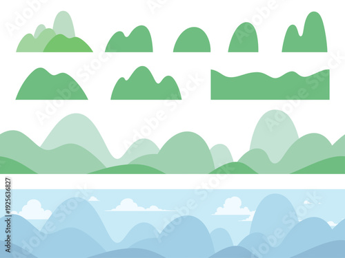 シームレスな山並みの風景と山のイラスト素材セット