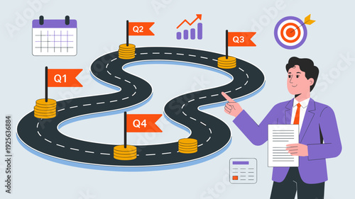 Businessman presenting financial roadmap with quarterly milestones and growth targets vector illustration