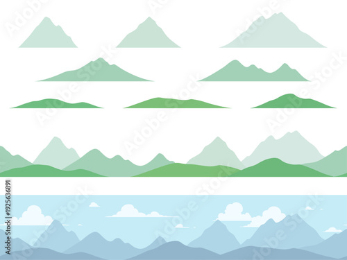 シームレスな山並みの風景と山のイラスト素材セット