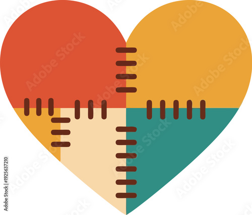 Colorful patchwork heart vector illustration with stitched seams for love, craft, and handmade design projects