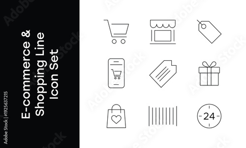 Clean and modern e-commerce line icon set featuring shopping cart, online store, price tag, gift box, barcode, mobile shopping, customer service and retail icons. Ideal for online shops, apps, website