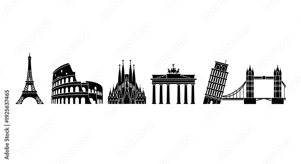 Obraz premium Famous Landmarks Silhouettes Eiffel Tower Colosseum.