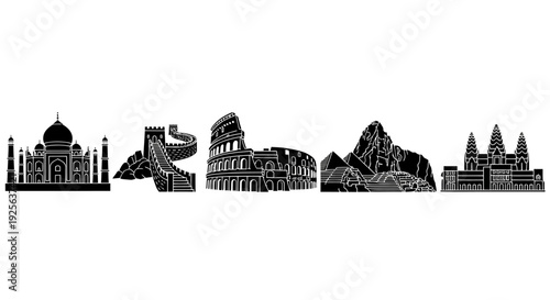 Famous Landmarks Silhouettes Against White Background.