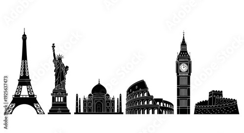 Famous Landmarks Silhouettes Eiffel Tower Statue Liberty.