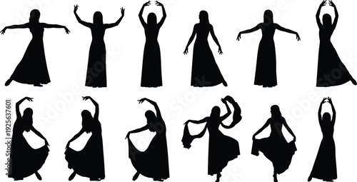 Female dancer silhouette collection isolated on white background, elegant ballet poses, flowing dress movement, graceful performance, artistic dance design resource set