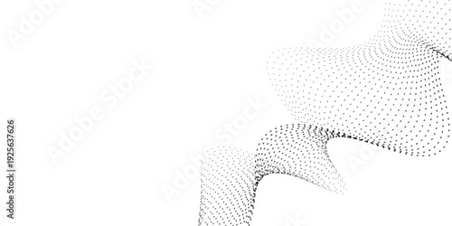 Minimal dots particles wave pattern 3D curve halftone black gradient curve shape isolated on white background.