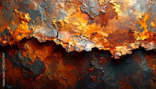 Close-up of intensely textured, aged metal. Varied hues of orange, brown, and grey suggest corrosion and decay, emphasizing the passage of time