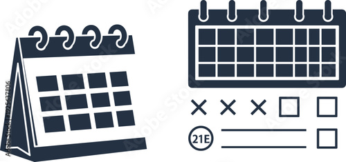 Black Calendar Vector Illustration Set with Desk Organizer and Schedule Planner Icons for Time Management and Appointment Tracking