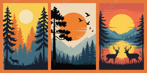 Evergreen Sunset Silhouette Poster, Highlighting Single Tall Pine Tree in Black Silhouette with Orange-Red Sun