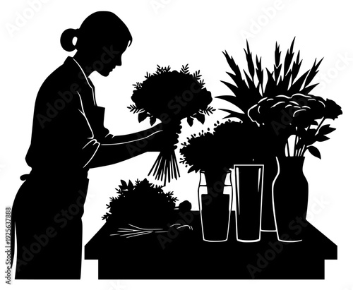 woman arranging flowers on a kitchen counter, apron, black, bouquet, catch, floral arrangement, florist, flower, footstall, gardener, illustration, profile, vase, woman, against transparent background