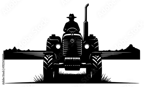te silhouette of a farmer driving a tractor, black, cowboy hat, drive, farmer, harvest, hay, illustration, load, log, lumber, man, plow, profile, ride, sun hat, tractor, against transparent background