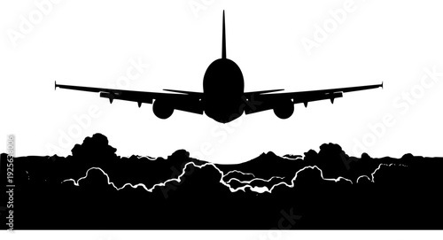 A silhouette of an airplane flying above a dense foggy landscape, airliner, black, cloud, cloudy, fly, land, landing, plane, profile, sky, against transparent background