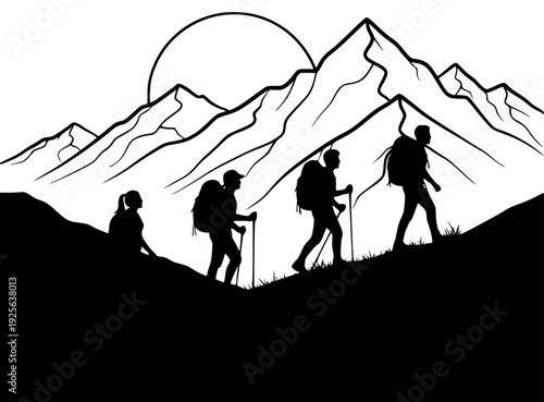 ttes of people hiking on a mountain peak with mountains in the background, climber, hike, hiker, hill, illustration, mountain, mountain landscape, person, profile, walk, against transparent background