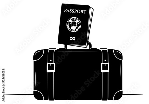 A black and white illustration of a suitcase with a passport on top, black, briefcase, earth, flat, icon, illustration, luggage, passport, against transparent background