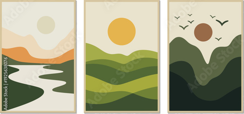 Winding River Sunset Poster, Highlighting Rolling Hills in Orange Green Tones and Cream Background with Yellow Sun