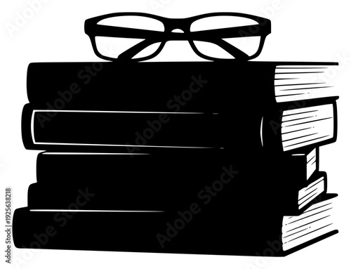 A stack of books with glasses perched on top, black, book, cup, glasses, illustration, peak, stack, against transparent background