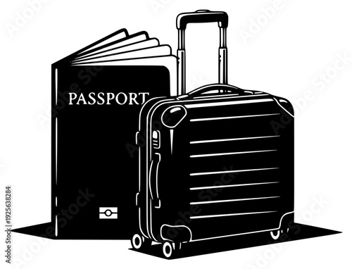 A black and white illustration of a suitcase and a passport, black, book, briefcase, cart, folder, illustration, luggage, wheel, against transparent background