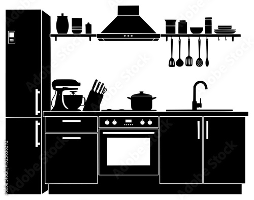 ome appliance, icon, illustration, kitchen, kitchen counter, kitchen hood, kitchen utensil, kitchenware, oven, plate, pot, profile, shelf, spatula, stove, tool, utensil, against transparent background