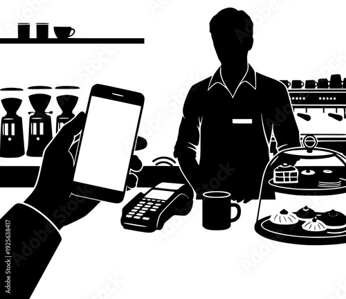 less payment, bakery, barista, catch, coffee, coffee machine, coffee shop, electronic, food, gadget, hand, illustration, man, pastry, person, phone, profile, smartphone, against transparent background