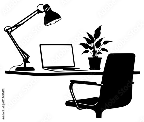 computer desk, desktop, desktop computer, illustration, lamp, laptop, office, office chair, office desk, office supply, plant, profile, swivel chair, table, table lamp, against transparent background