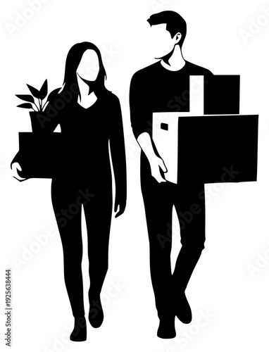 king together carrying boxes and a plant, black, box, cardboard box, carry, catch, couple, illustration, man, package, person, plant, profile, shopping bag, walk, woman, against transparent background