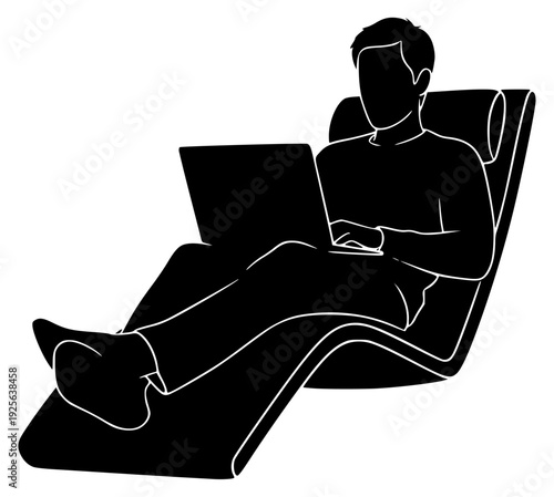 houette of a man sitting in a recliner chair using a laptop, with a , armchair, black, chair, computer, daybed, illustration, job, lap, laptop, man, profile, relax, sit, against transparent background